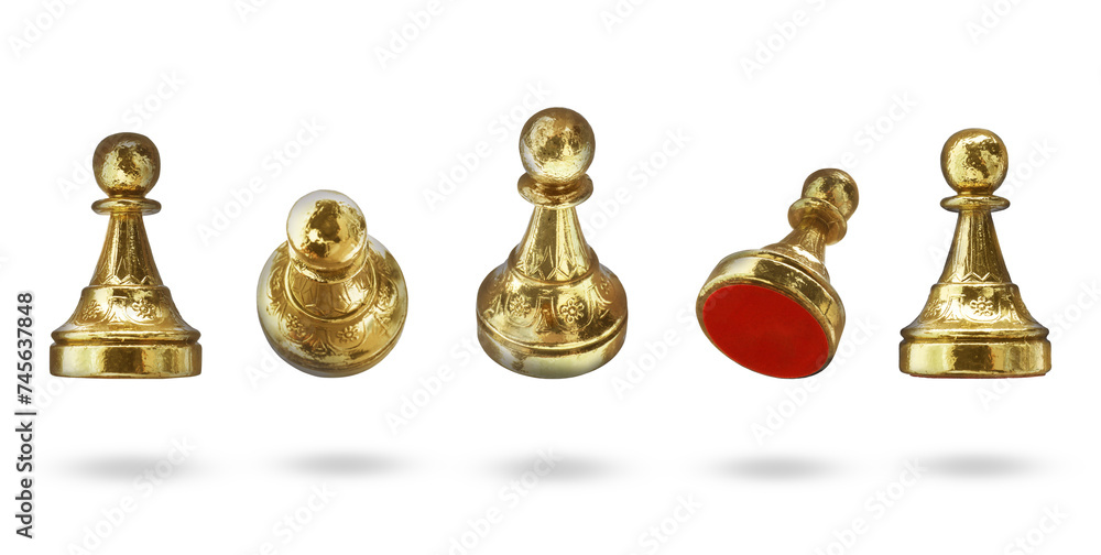 Canvas Prints Golden chess pawns in air on white background