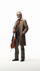 Naklejka premium Generative AI Middle-aged male musician holding an instrument, subtle smile, full-height view, showcasing talent against a plain white background