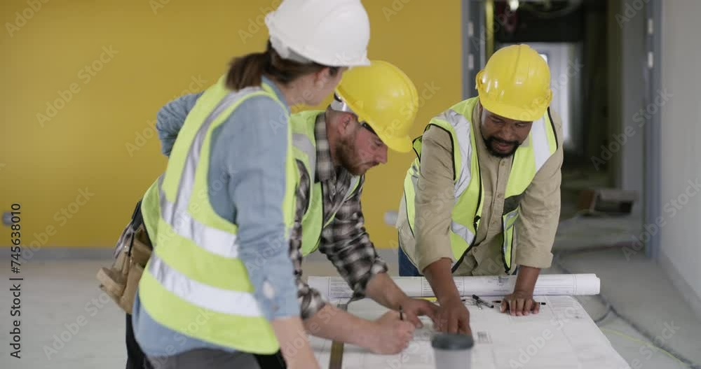 Poster Engineering team, blueprint planning and construction site ideas, solution or building development. Project manager, group or people with floor plan, writing and brainstorming for architecture design