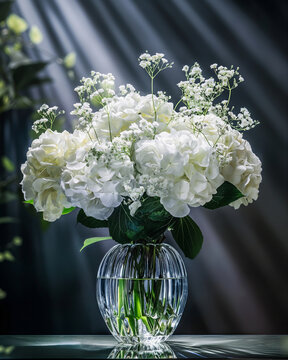Bouquet de fleurs blanche dans vase en cristal