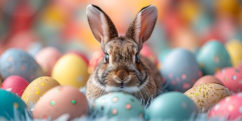 Fototapeta na wymiar Rabbit plays amidst vibrant Easter eggs in festive lineup for spring celebration. Concept Spring Celebration, Easter Eggs, Rabbit Playtime, Festive Decor, Vibrant Colors