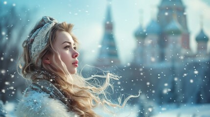 An amazing image of a beautiful Russian woman standing in front of a snow-covered Kremlin in a winter landscape