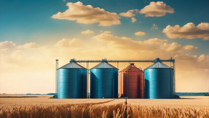 Silos in a wheat field Storage of agricultural product - obrazy, fototapety, plakaty