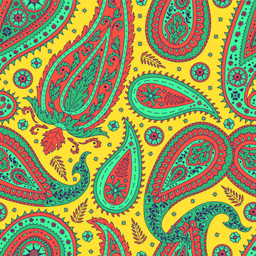 Seamless pattern with colorful Paisley motifs on yellow background. Traditional indian repeat design.