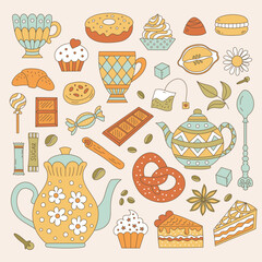 Tea, coffee and dessert elements in doodle style. Baking and sweets for your design. - 745638460