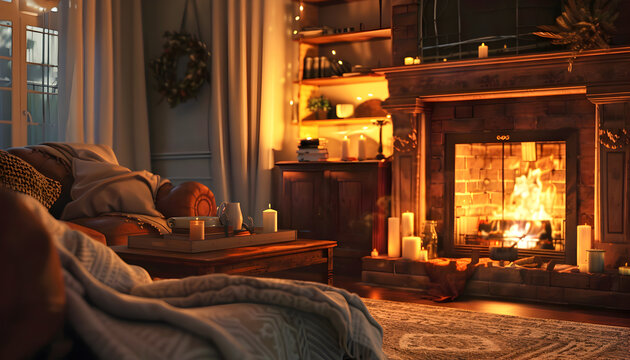 Fireplace with fire in a cozy apartment in late evening.	