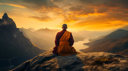 Fototapeta na wymiar Young lonely Buddhist monk meditates on top of mountain at beautiful sunset or sunrise. Concept of spiritual practices, development. Rear view. Atmosphere of silence, tranquility and peace. Copy space