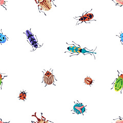 Beetles, seamless pattern design. Bugs, repeating print. Many insects, endless background, printable texture. Colored repeatable flat vector illustration for textile, fabric, wrapping, wallpaper