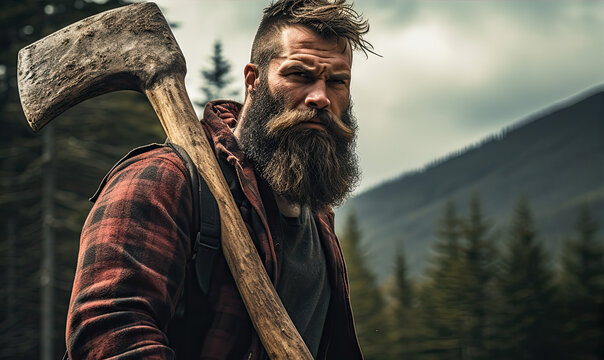 Portrait of viking style lumberjack with beard holding some axe in the amazing forest