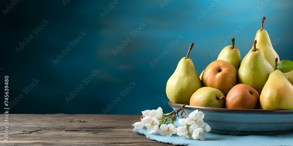 Poster assorted pears displayed on rustic table with blue background and decor. concept fruit display, rust