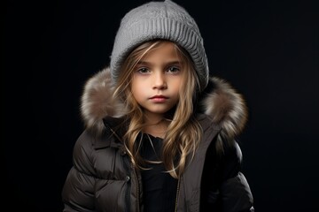 Portrait of a beautiful little girl on a black background. Winter fashion.