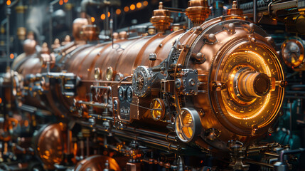 A complex steampunk apparatus, featuring brass components with gears, dials, and pipes, exuding...