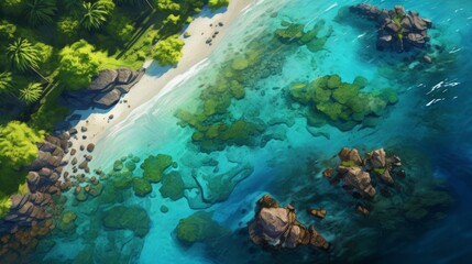 Fototapeta premium Generative AI Overhead shot revealing an exquisite island vista featuring palm-fringed coastlines, secret coves, and a vibrant underwater world thriving in the warm tropical waters. photorealistic