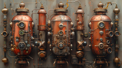 A complex steampunk apparatus, featuring brass components with gears, dials, and pipes, exuding Victorian era industrial charm.