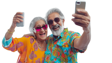 Elderly Indian couple takes selfie on bright holiday. PNG
