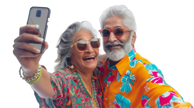 Elderly Indian couple takes selfie on bright holiday. PNG