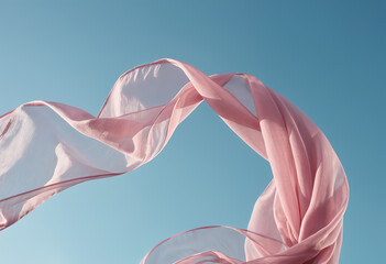 Flying pink fabric wave on blue sky background and illuminated by sunlight, generative ai