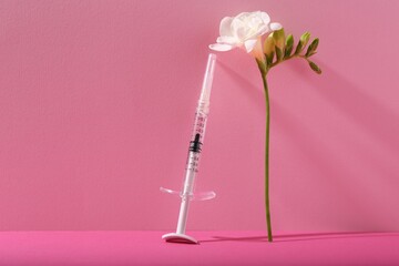 Cosmetology. Medical syringe and freesia flower on pink background