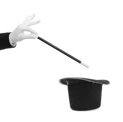 Magician showing trick with wand and top hat on white background, closeup