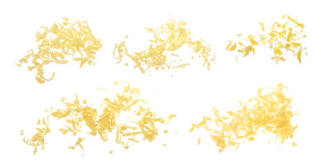 Tasty grated cheese isolated on white, top view