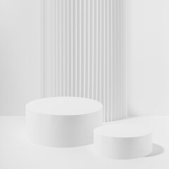 Two white round podiums with striped column as geometric decor, mockup on white background. Template for presentation cosmetic products, gifts, goods, advertising, design, showing, soft summer style.
