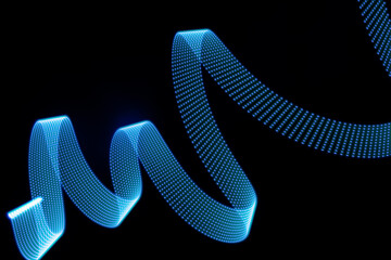 Blue neon curved wave of light as curls, swirl or spiral with dotted stripes on black background. Abstract background with motion light effect, light painting in contemporary style.