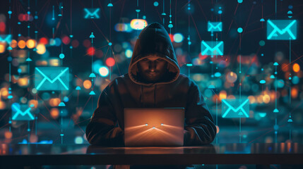 Cyber crime. People carry out phishing by sending fake messages to victims. Displays floating message letters, mail. Technology, hackers. - obrazy, fototapety, plakaty