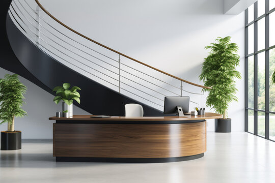 Contemporary lobby interior with stylish reception desk and elegant design elements