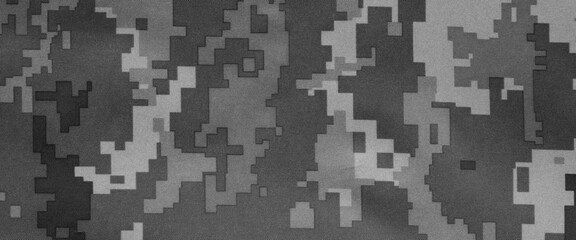 Texture of camouflage fabric as background, black and white effect. Banner design