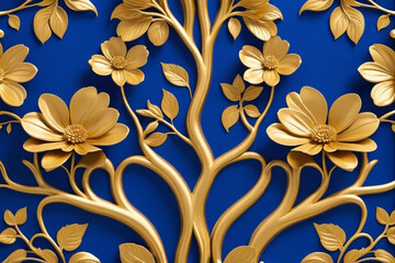 Elegant gold and royal blue floral tree with seamless leaves and flowers hanging branches illustration background. 3D abstraction wallpaper for interior mural painting