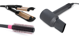 Hair dryer, triple curling iron and round brush on white background