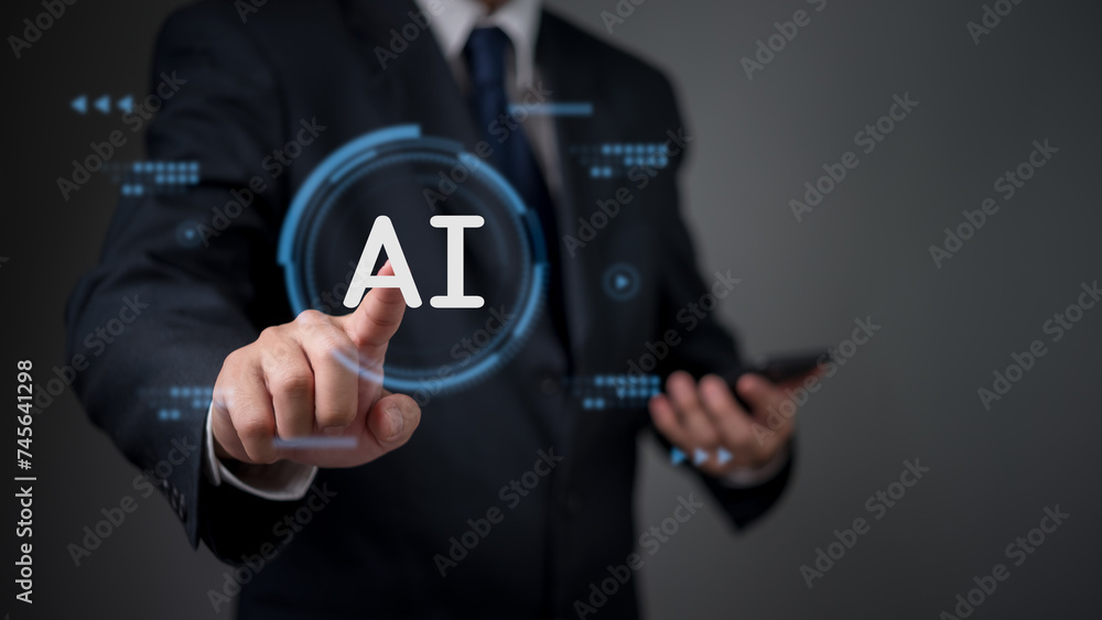 Poster businessman touching an ai artificial intelligence concept hologram on a digital interface. business