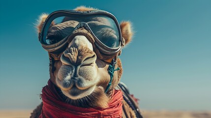 Fototapeta premium Camel in Goggles and Sunglasses in the Desert