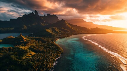 Generative AI Pristine Polynesian islands, drone's perspective, golden hour tones, tropical paradise, photorealistic sunset over French Polynesia