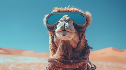 Futuristic Camel Wearing Sunglasses and Goggles in the Desert