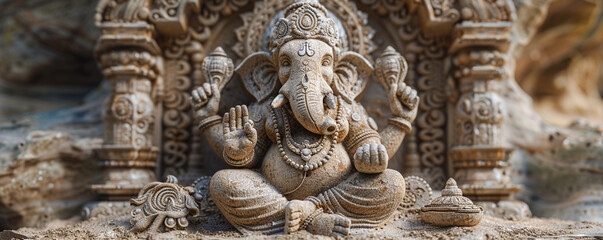 Fototapeta na wymiar Sand carvings of Ganesha removing obstacles illustrating the beloved deity in a pose of benevolence surrounded by symbols of wisdom prosperity and the hurdles he helps overcome