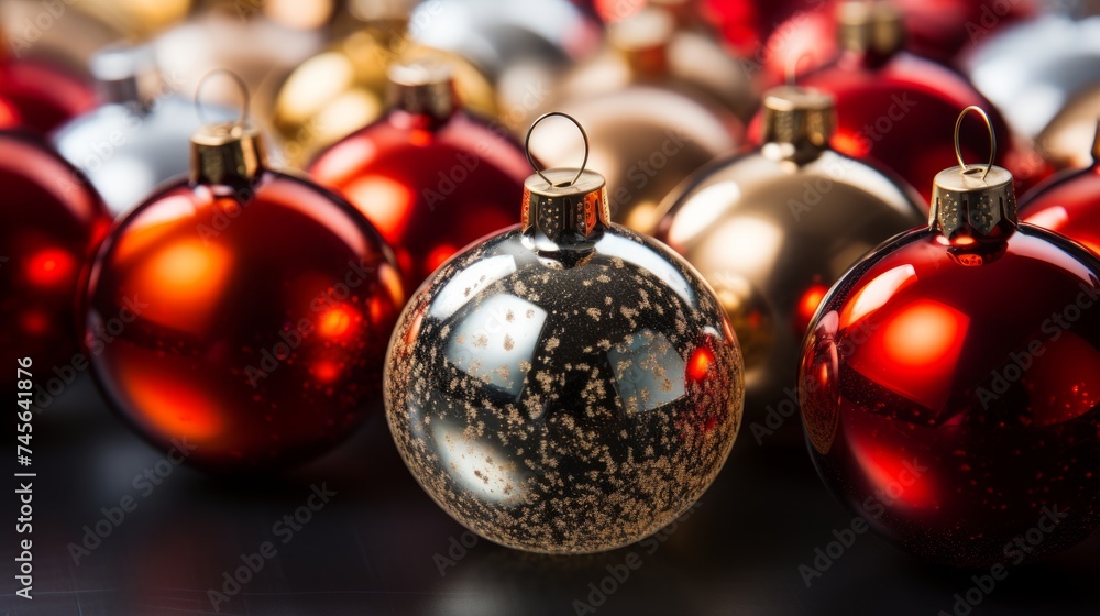 Poster generative ai row of bright red and silver christmas ornaments, perfect for creating a festive holid