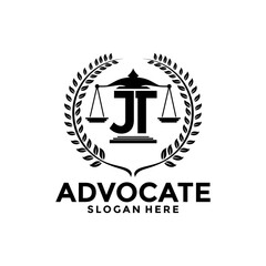 Initial letter JT and Law firm logo, advocate with justice symbol logo vector design template
