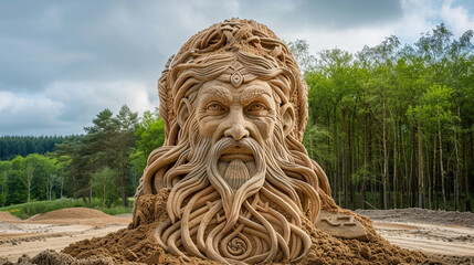 Sand sculptures of Celtic deities in mythical landscapes with intricate detailing to showcase the...