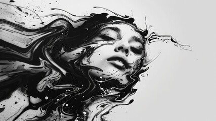 Abstract black and white art depicts a girl in the depths of depression and anxiety, carrying a heavy burden. Influenced by DMT art style and LSD, Mental Health concept.