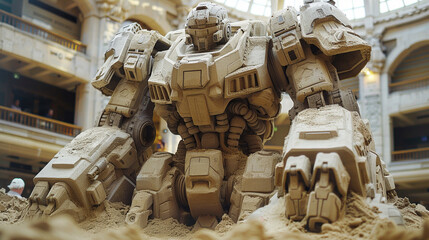 Sand sculptures of robot towering and fearsome capturing the king of robot in its prime each grain detailing its fearsome jaws and powerful stance