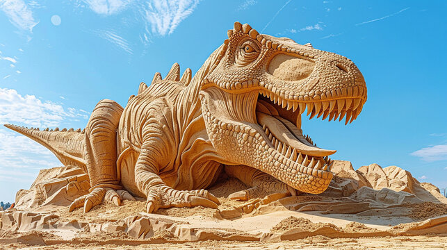 Sand sculptures of mythical dinosaurs blending fantasy with paleontology to create awe inspiring creatures that captivate the imagination towering over spectators in majestic poses