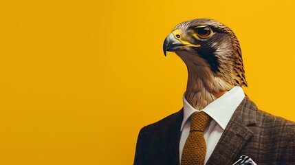 Surreal Falcon in Suit on Yellow Minimalist Background - obrazy, fototapety, plakaty