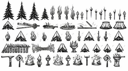 Generative AI Set of detailed campfire icons (barbaric/tribal); printable, monochrome, sharp bold black lines, vector line art, isolated on white background - obrazy, fototapety, plakaty
