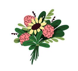 Flower bunch. Summer floral bouquet. Field blooms, blossomed wildflowers and leaf plants. Gorgeous spring bundle, sunflower and hortensia. Flat graphic vector illustration isolated on white background - 745642077