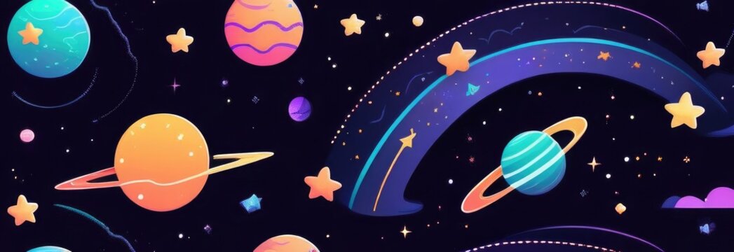 banner illustration for Cosmonautics Day, planets in outer space with satellites, falling meteor and asteroids in starry sky, dark background, copy space
