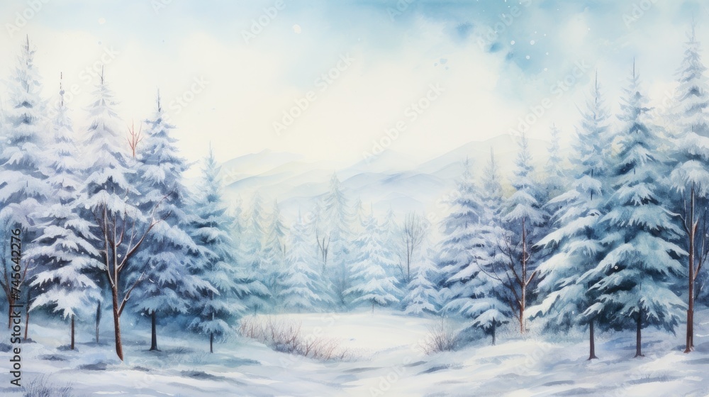 Poster generative ai snow-covered forests with pine trees. aquarelle
