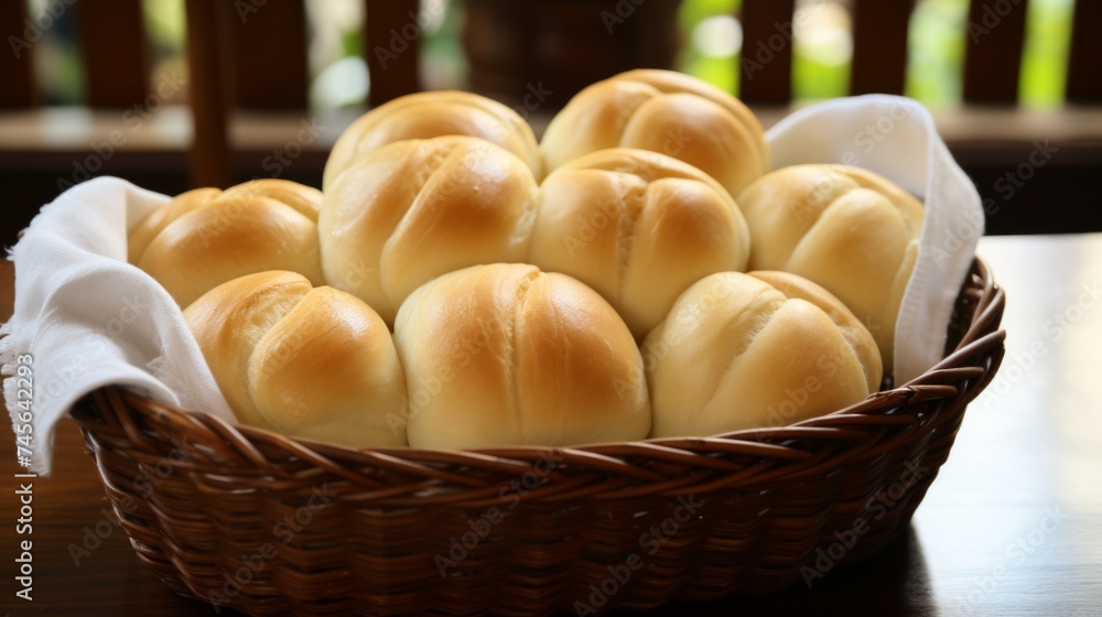 Poster generative ai soft and fluffy dinner rolls arranged in a woven basket, perfect for a family gatherin