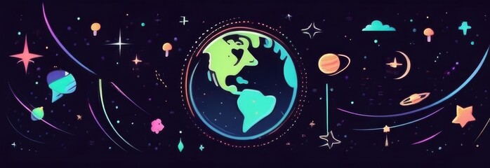 Fototapeta premium banner illustration for Cosmonautics Day, planets in outer space with satellites, falling meteor and asteroids in starry sky, dark background, copy space