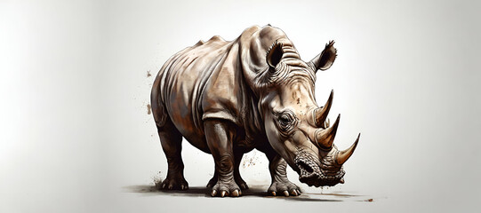  A drawing of a rhino with a white face and a black nose.A rhinoceros is walking on a white background. Produtizeone A rhinoceros attacking in the savanna fantastical bd302c446d224cd080ebe03f24226def - obrazy, fototapety, plakaty